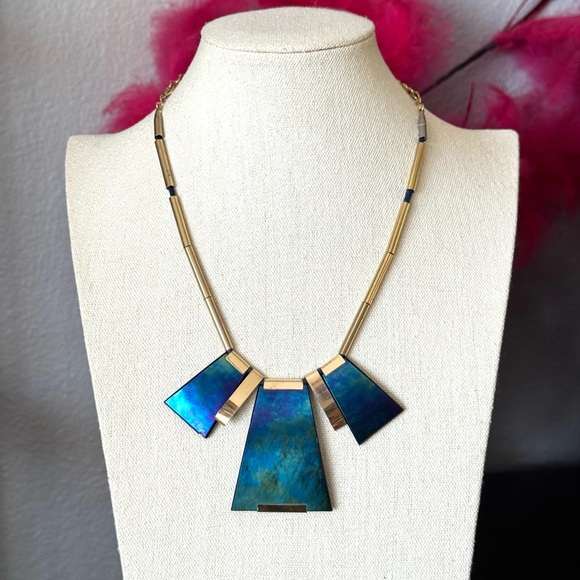 Vintage Dicrotic Glass Blue and Gold Necklace - Picture 6 of 10